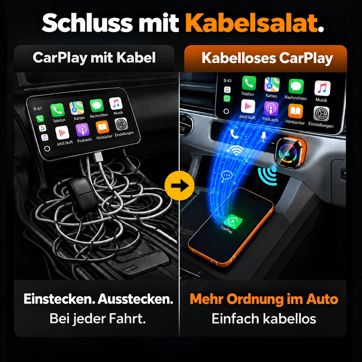 Kabelloses CarPlay: weniger Kabel, mehr Ordnung im Auto.