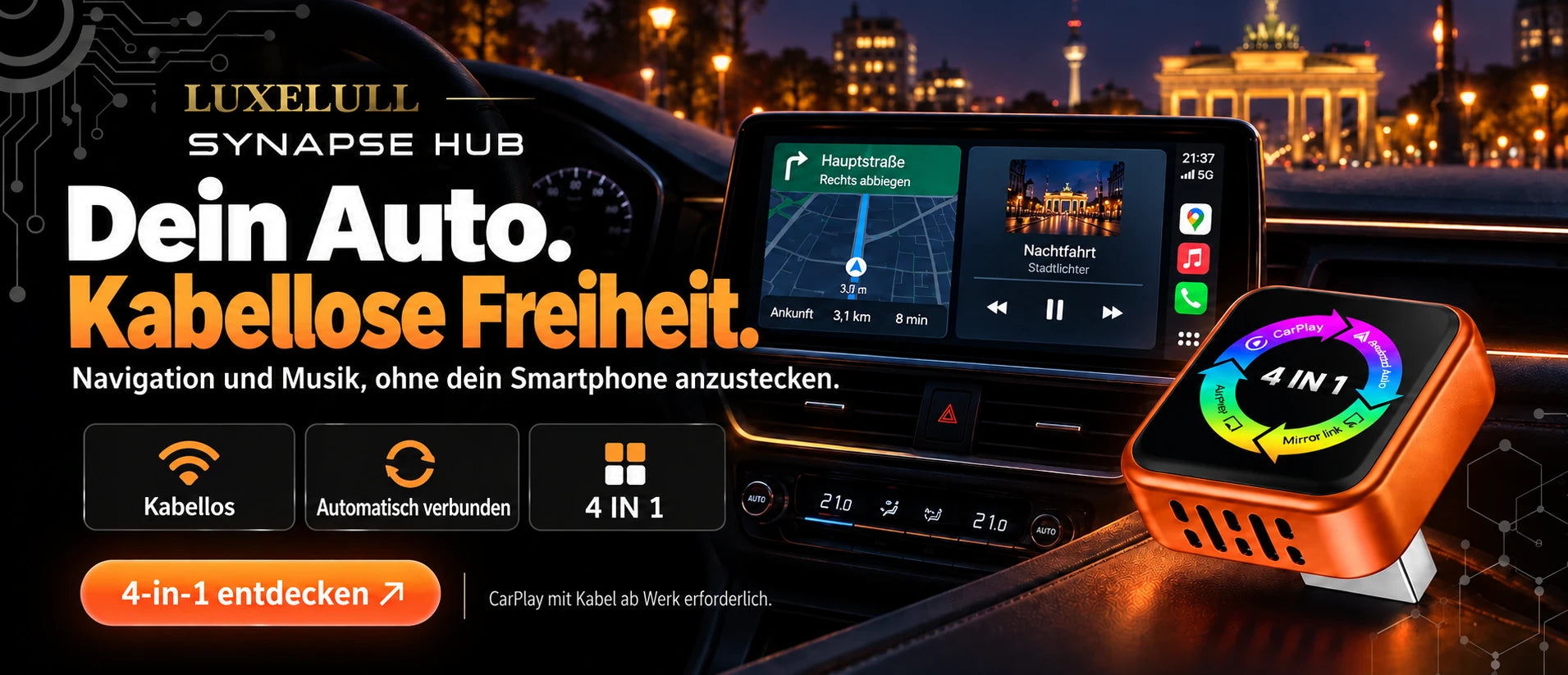 LUXELULL Synapse Hub. Dein Auto. Kabellose Freiheit. CarPlay mit Kabel ab Werk erforderlich.
