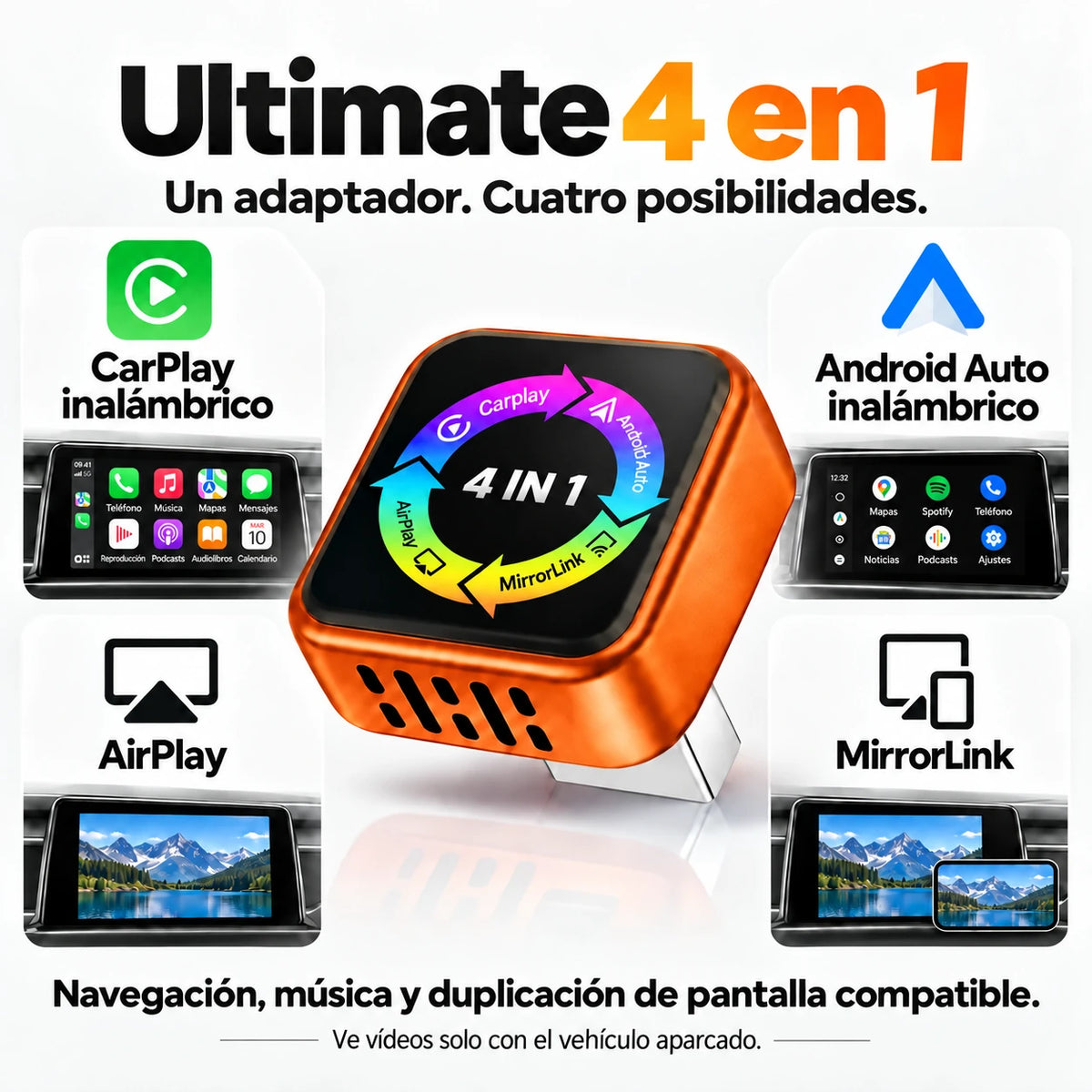 Ultimate 4 en 1: CarPlay inalámbrico, Android Auto, AirPlay y MirrorLink.