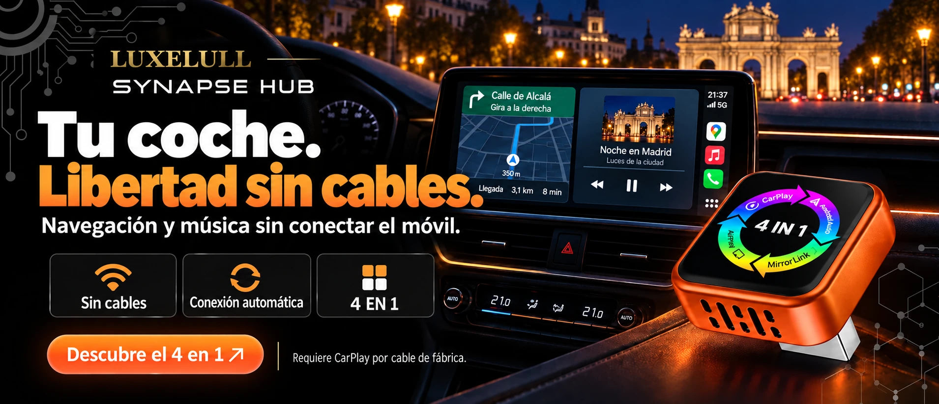 LUXELULL Synapse Hub para CarPlay inalámbrico en un coche aparcado en Madrid