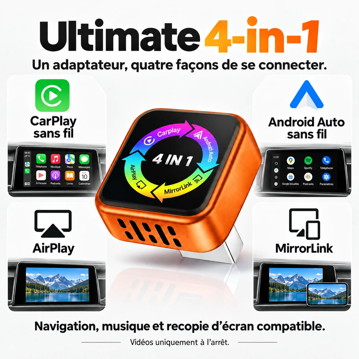 Ultimate 4-in-1 : CarPlay et Android Auto sans fil, AirPlay et MirrorLink.