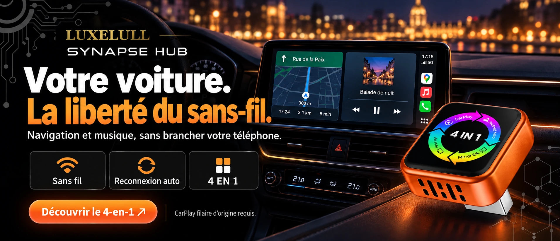 LUXELULL Synapse Hub. Votre voiture, la liberté du sans-fil. CarPlay filaire d’origine requis.