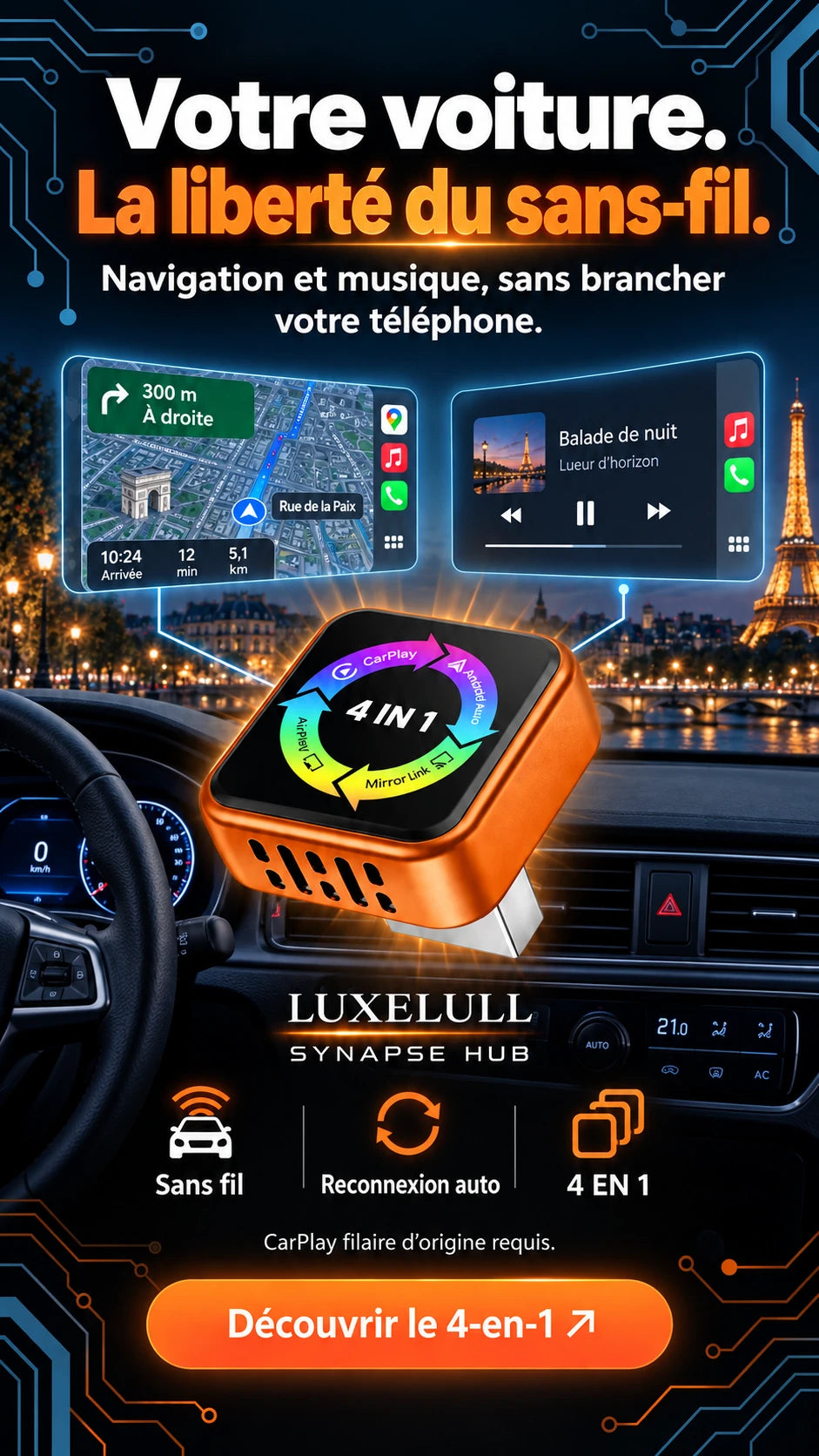 LUXELULL Synapse Hub. Votre voiture, la liberté du sans-fil. CarPlay filaire d’origine requis.