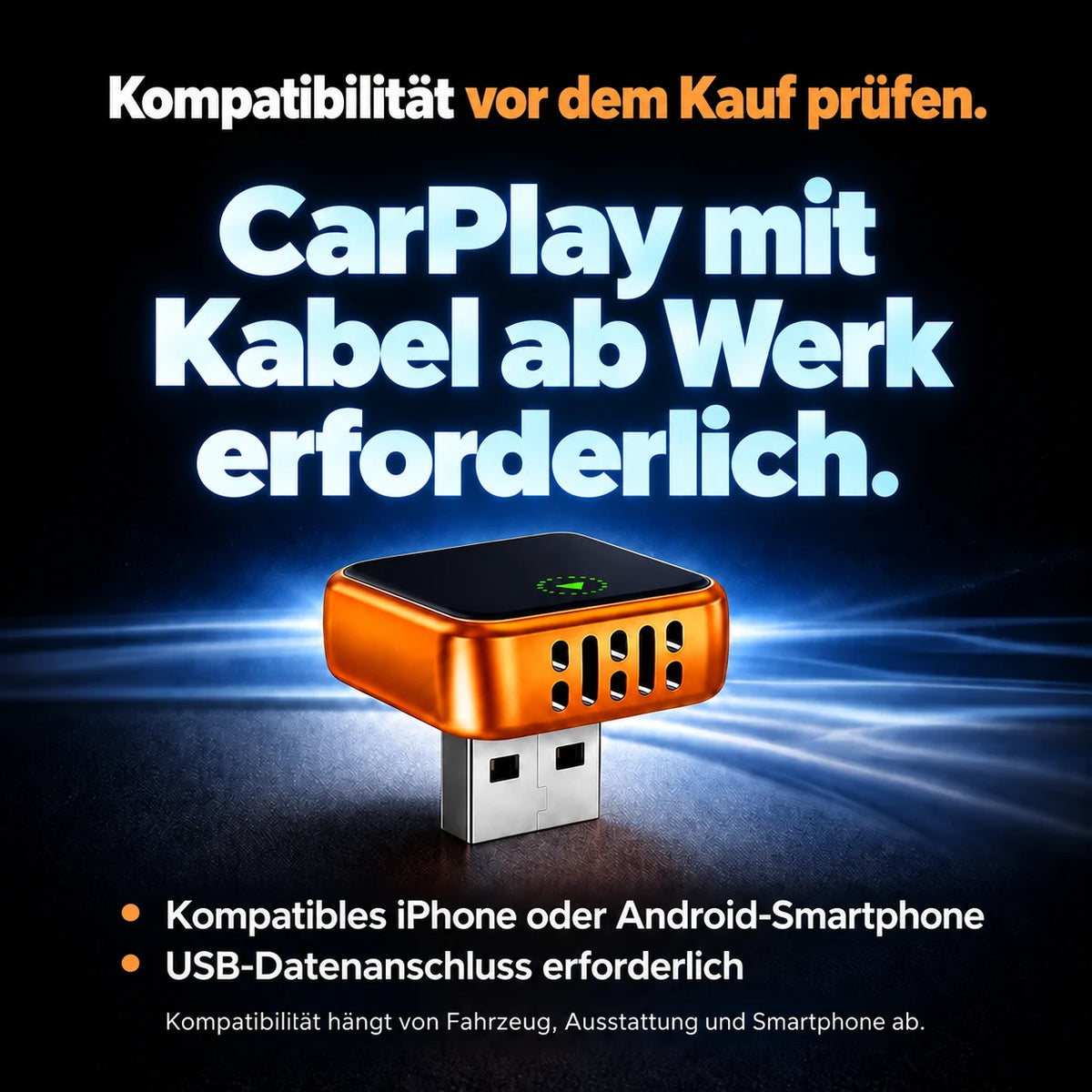 Funktionierendes CarPlay mit Kabel ab Werk und USB-Datenanschluss erforderlich.
