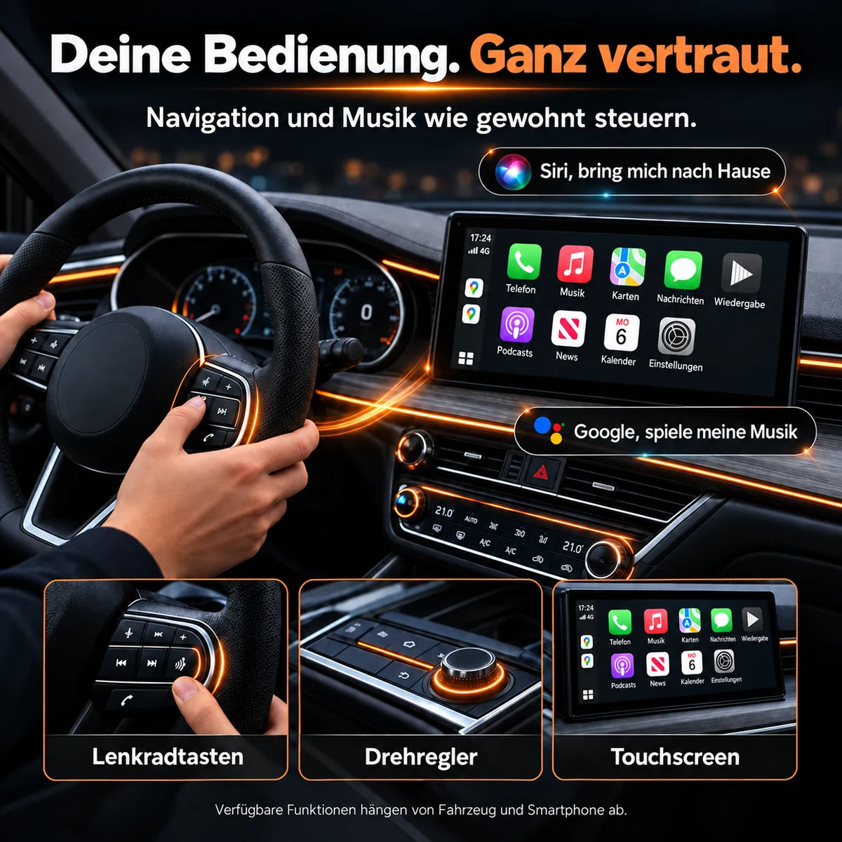 Lenkradtasten, Drehregler und Touchscreen je nach Fahrzeugausstattung.
