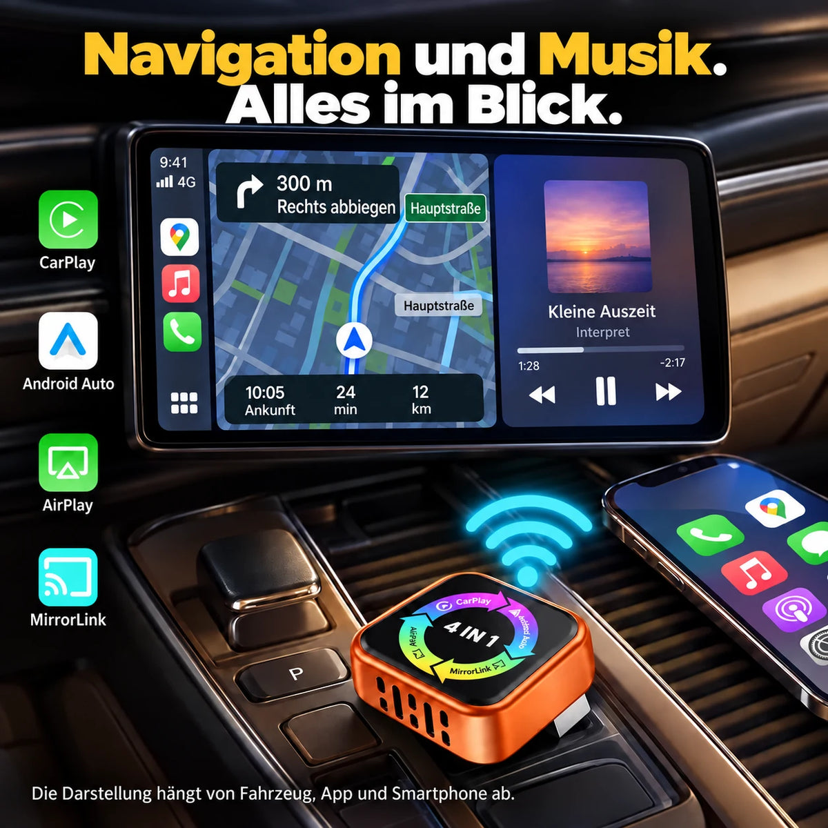 Navigation und Musik auf dem Fahrzeugdisplay.