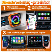 Einrichtung: USB-Datenanschluss nutzen, WLAN und Bluetooth aktivieren und den Anweisungen zum Koppeln folgen.