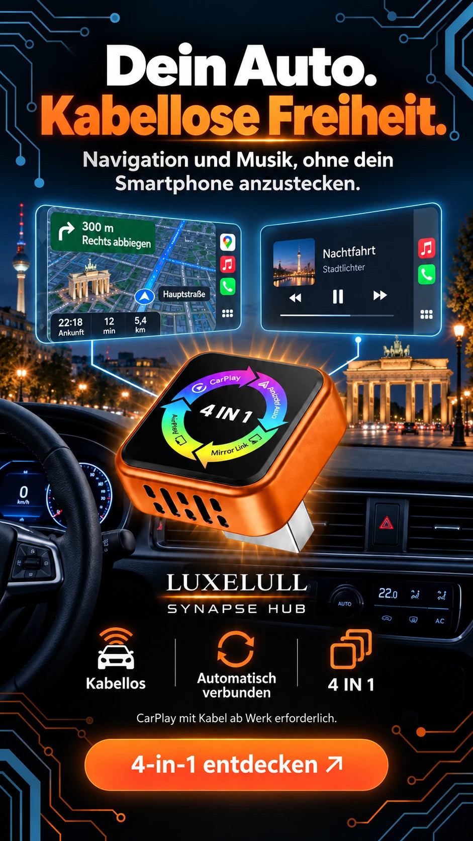 LUXELULL Synapse Hub. Dein Auto. Kabellose Freiheit. CarPlay mit Kabel ab Werk erforderlich.