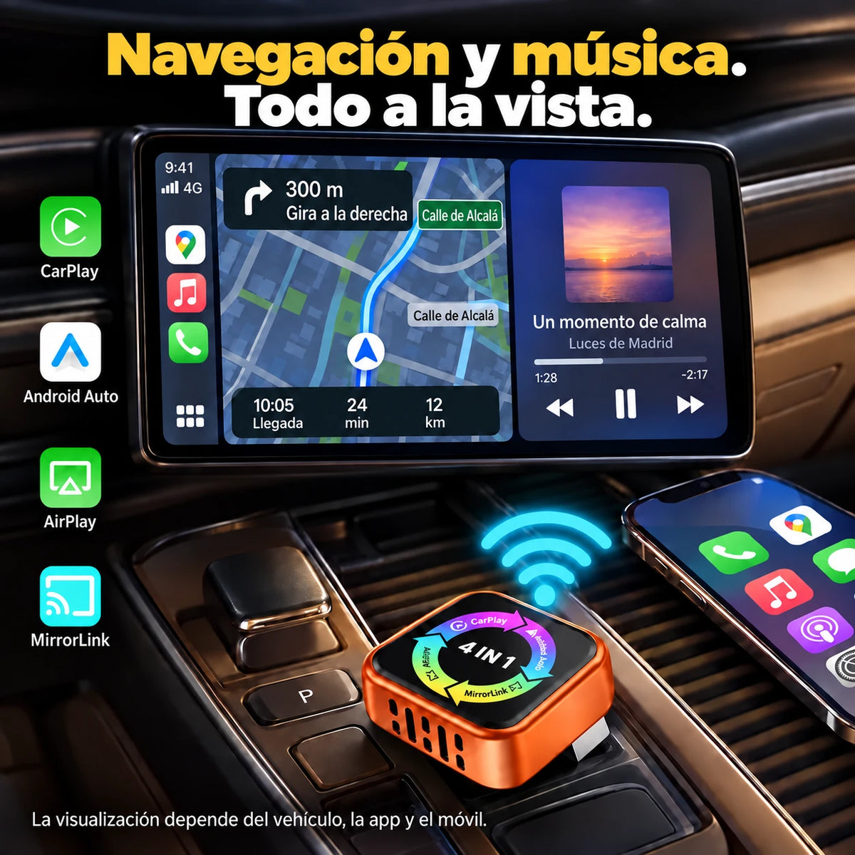 Navegación y música en la pantalla del coche.