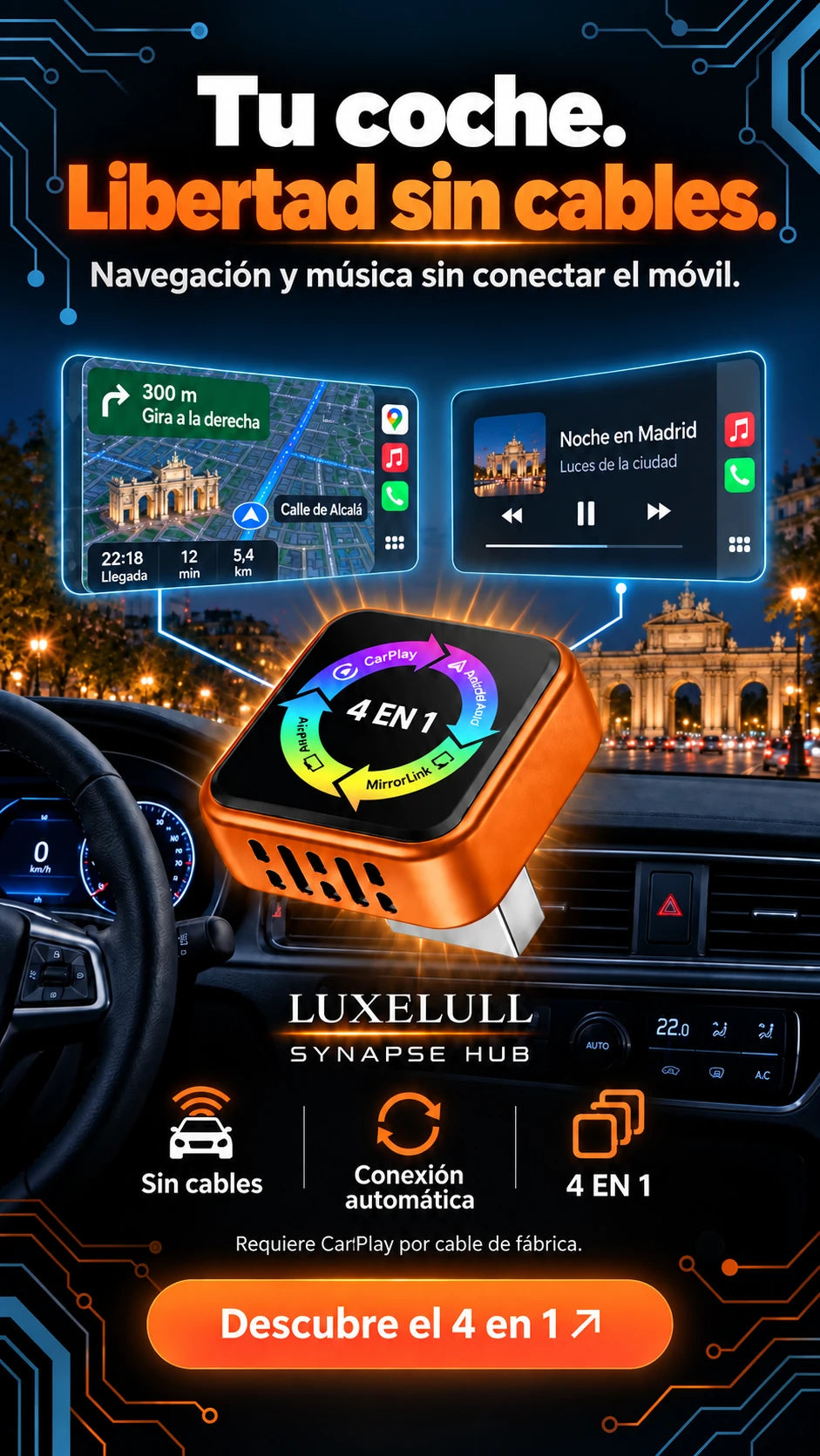 LUXELULL Synapse Hub para CarPlay inalámbrico en un coche aparcado en Madrid