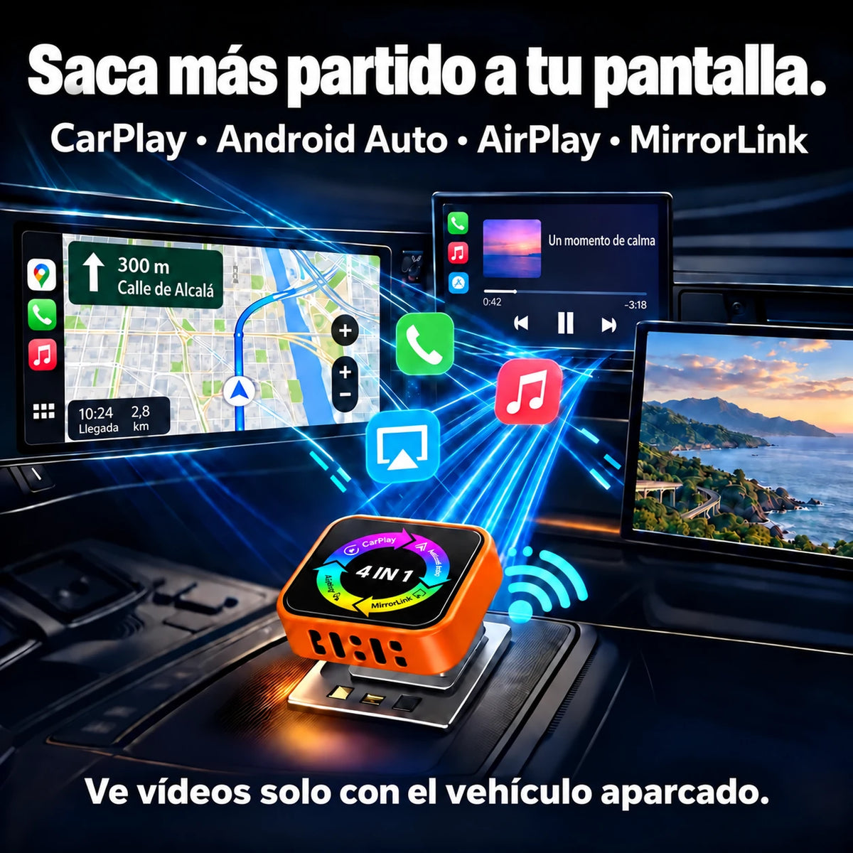 CarPlay, Android Auto, AirPlay y MirrorLink. Vídeos solo con el vehículo aparcado.