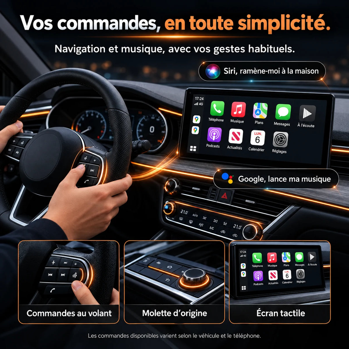 Commandes au volant, molette et écran tactile selon l’équipement.