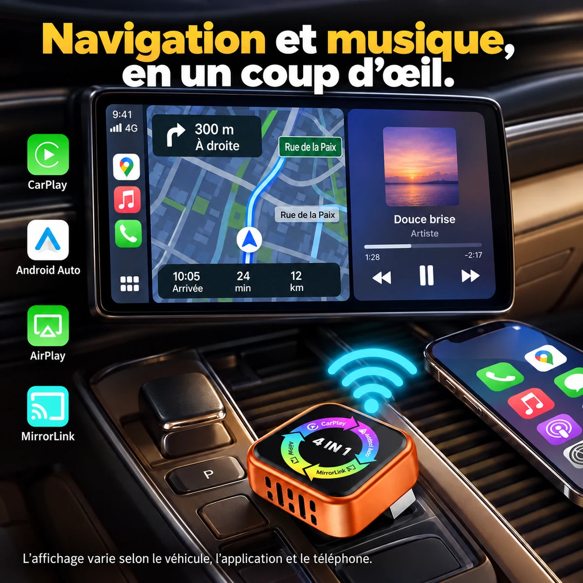 Navigation et musique sur l’écran du véhicule.