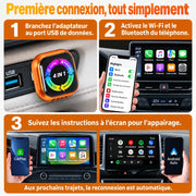 Installation : brancher le port USB de données, activer Wi-Fi et Bluetooth, suivre les instructions d’appairage.