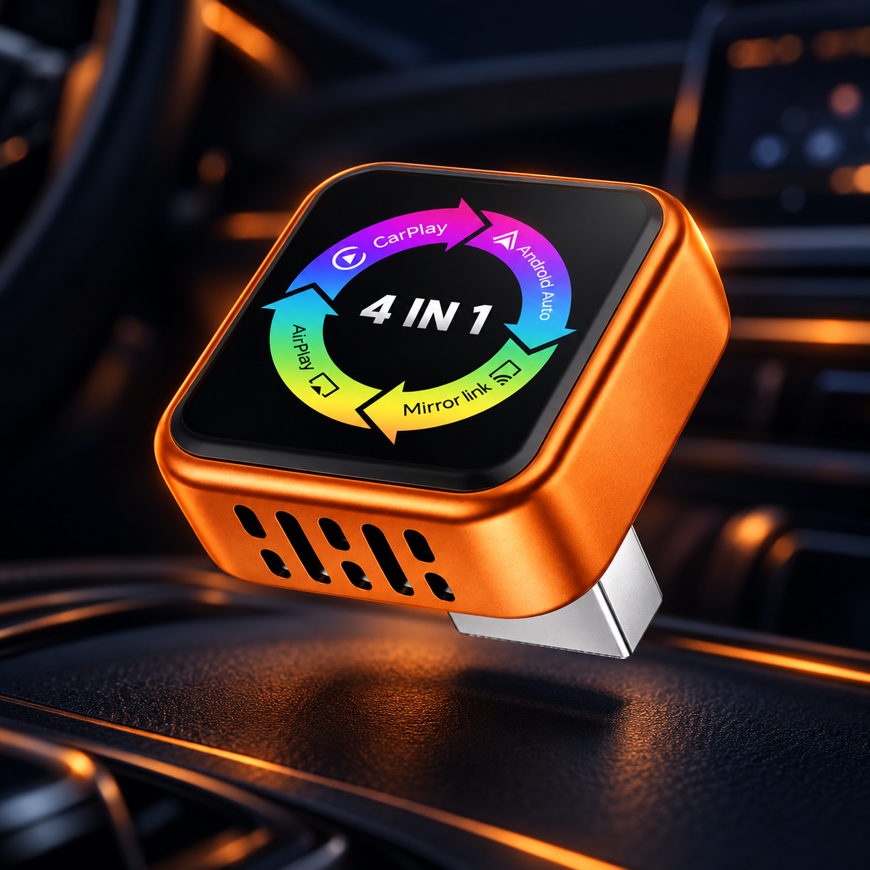 Orange Synapse Hub wireless adapter in a dark car interior